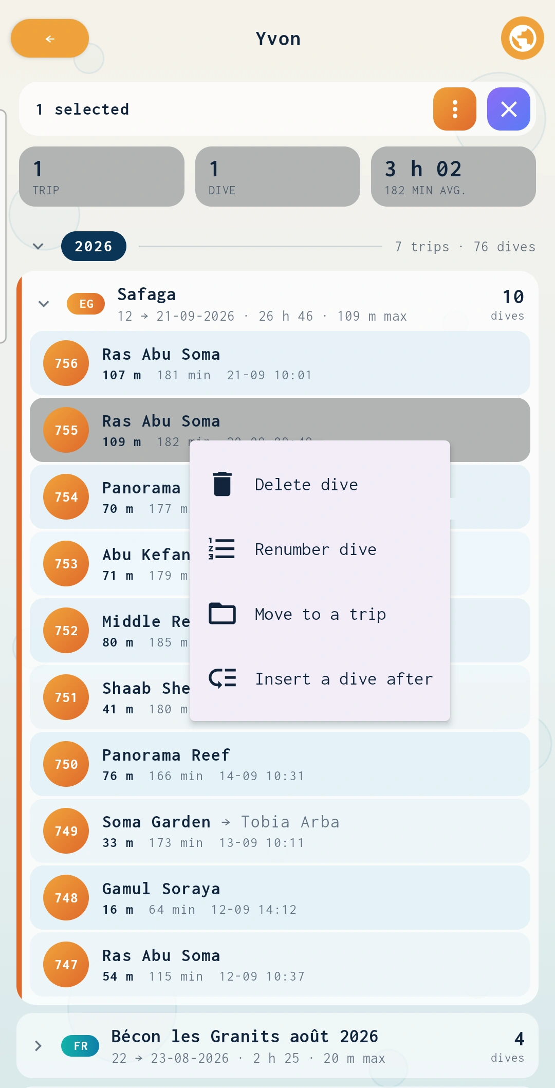 Long press on a logbook dive