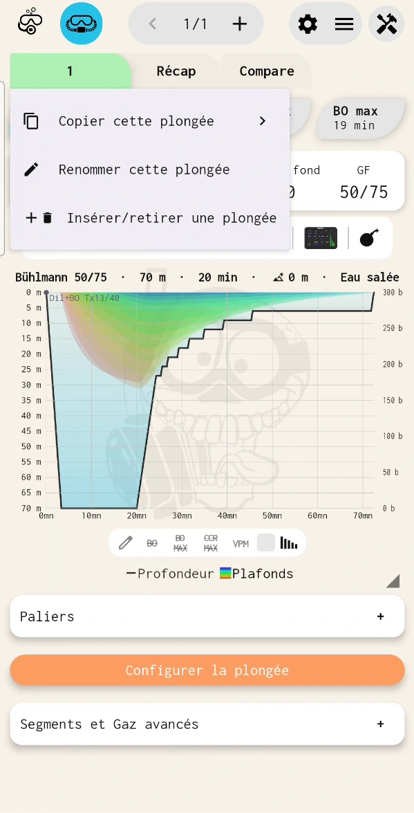 Appui long sur l'onglet d'une plongée