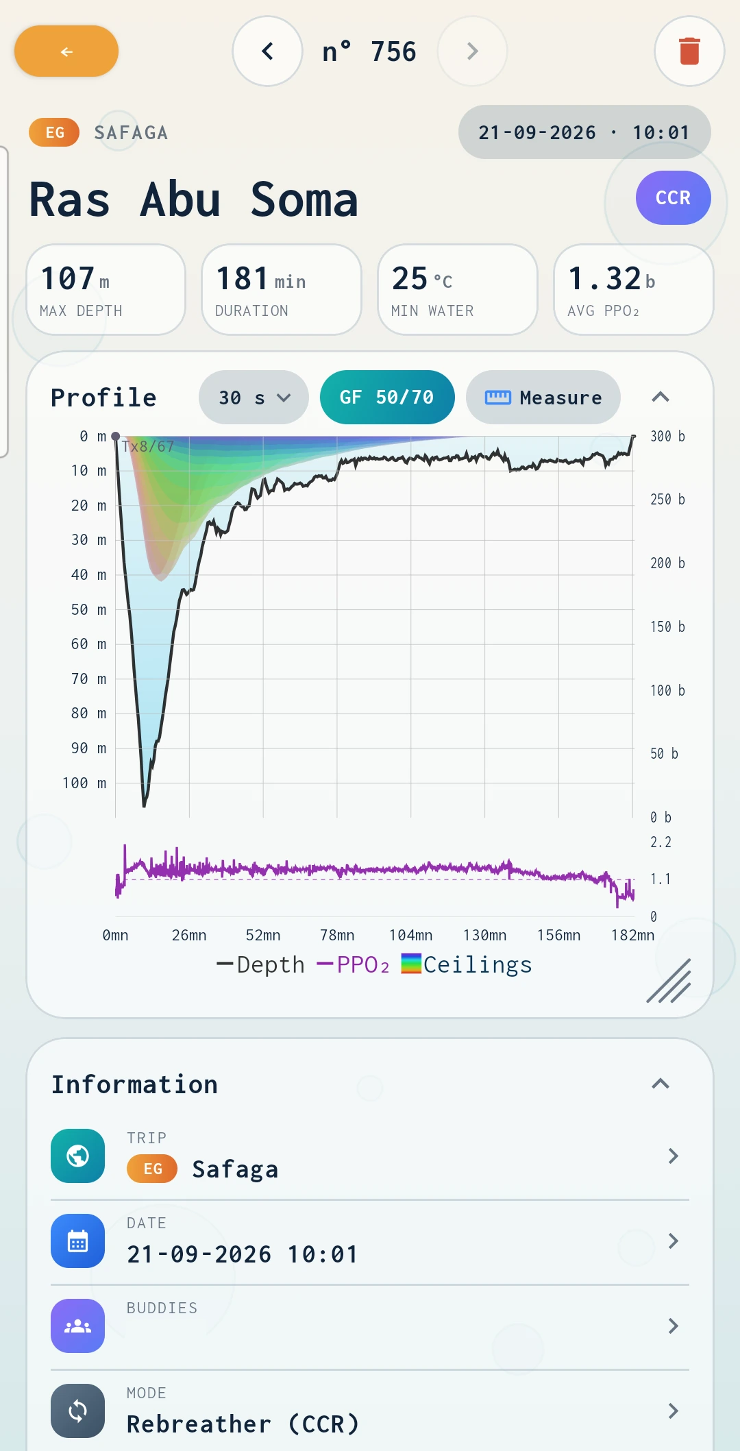 Dive record imported from the computer