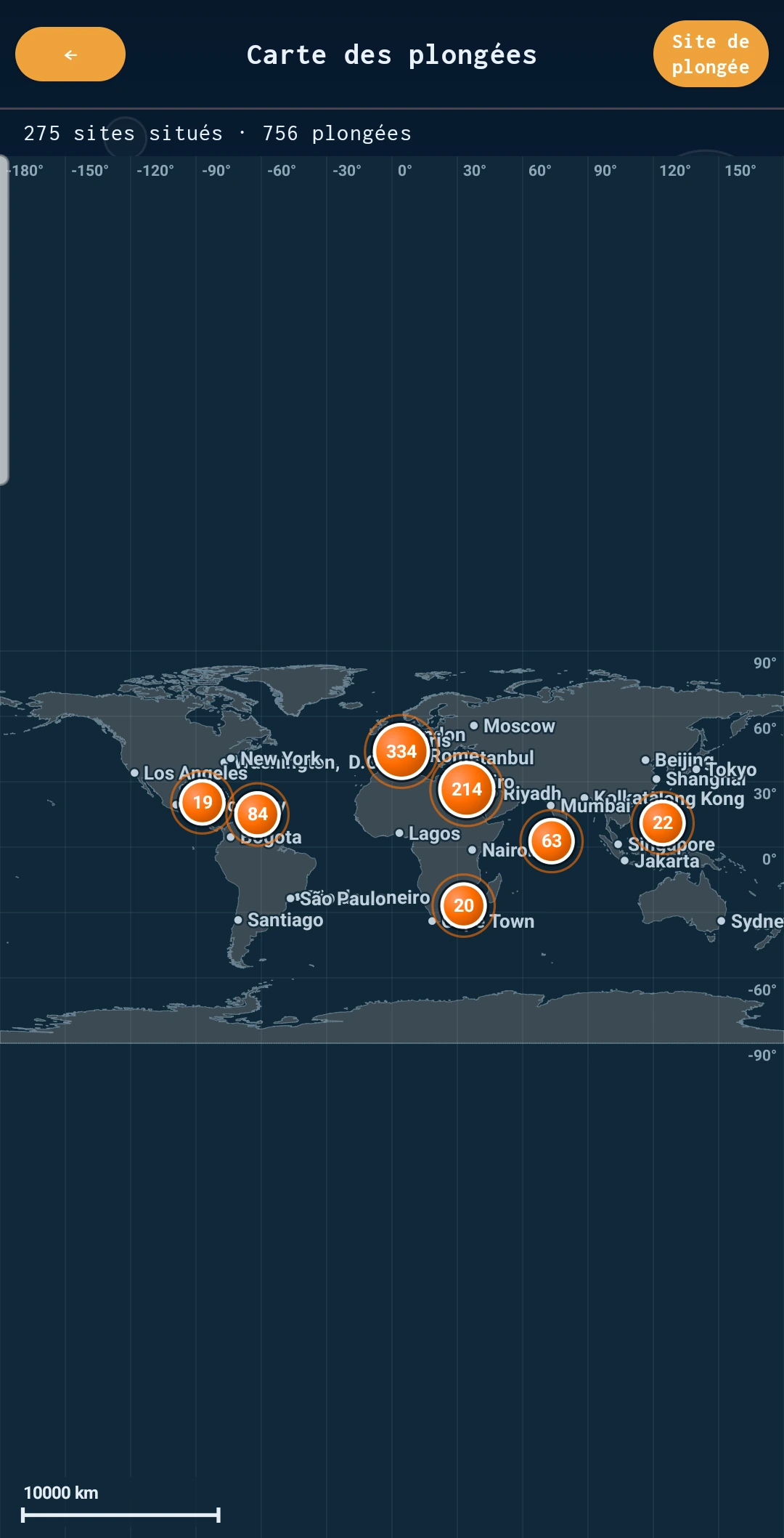 Carte du monde de vos sites de plongée